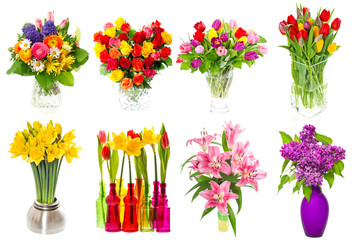 Bouquet of colorful flowers. tulips, roses, lilac, narcissus, li