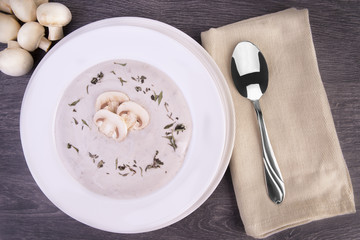 Fresh mushroom soup in a white bowl