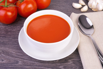 Fresh tomato soup in a white bowl