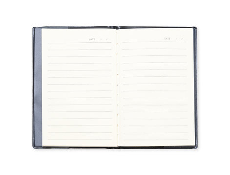Opened note book on white background