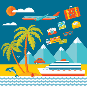 Travel - vector concept illustration in flat style. Icons set.
