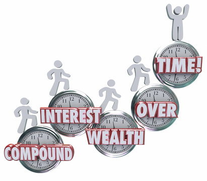 Compound Interest Wealth Over Time Clock Words People Saving Mon