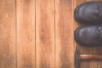 Assorted work tools on wood