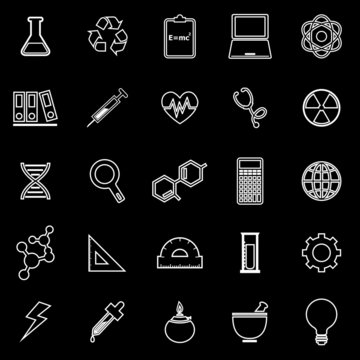 Science line icons on black background