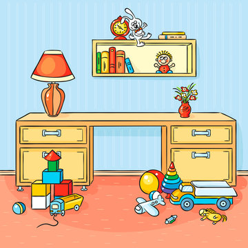 Children room with a lot of toys scattered on the floor