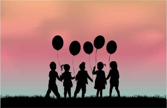 Silhouette of children with balloon.