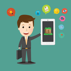 Businessman holding smart phone with Business icon make money