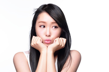 Fototapeta premium Beautiful happy woman look copyspace