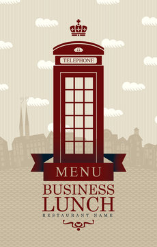 menu for business lunches with phone booth and Old London