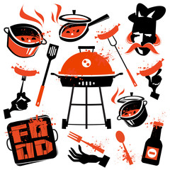 BBQ facilities. Food and kitchen utensils on a white background - obrazy, fototapety, plakaty