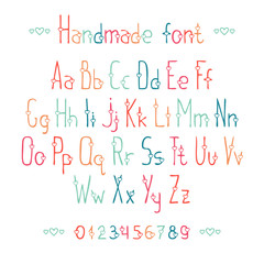 Simple romantic hand drawn font with hearts. Complete abc