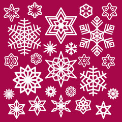 Set of White Christmas Snowflakes Icons on Wine Red Background