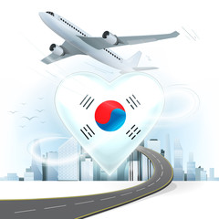 travel and transport concept with South Korea flag on heart