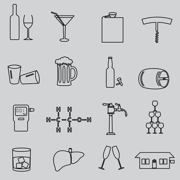 alcohol simple outline black icons set eps10