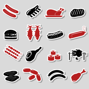 meat food color stickers and symbols set eps10