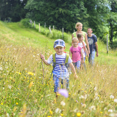 Familie im Gänsemarsch in der Blumenwiese