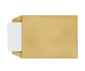Brown Vintage Envelope with blank paper on white.