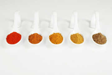 Different kinds of spices in ceramics spoons isolated on white