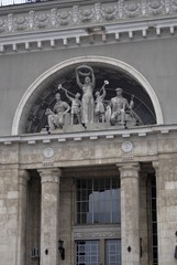 Fototapeta premium Railway station building in Volgograd decorated by sculptures