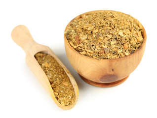 Curry in wooden bowl, isolated on white