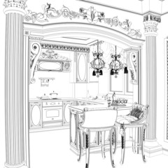 3d sketch of retro kitchen interior with dining area