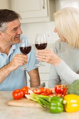 Happy mature couple having red wine while making dinner