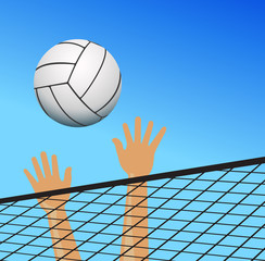 Volleyball player hands over the net with ball