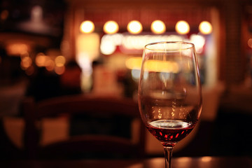 glass with red wine, tasting, restaurant