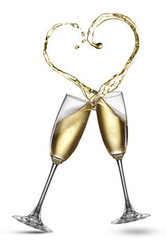 Champagne splash in shape of heart isolated