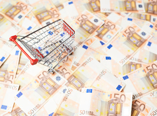 Shopping cart over the bank note bills