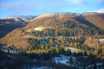 The mountains, covered with the first autumn frost. Carpathians.