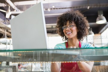 Smiling waitress with glasses using laptop