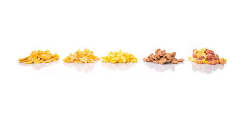 Mix variety of breakfast cereals over white background