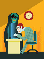 exhausted businessman working overtime vector illustration