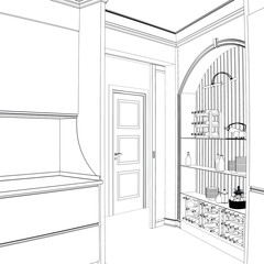 Sketch of kitchen entrance with wine's shelf and wooden door