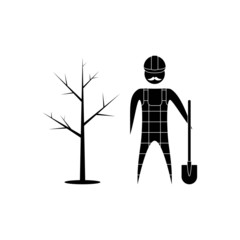 gardener with a shovel and tree. Isolated on white