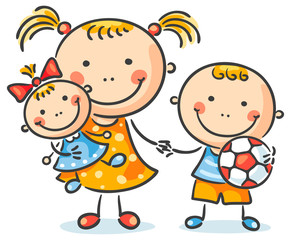 Children with their toys holding hands