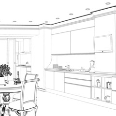3d sketch of kitchen interior with dining area