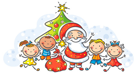 Obraz na płótnie Canvas Cartoon Santa with kids