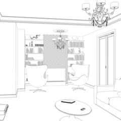 Sketch of interior design with armchairs, books and chandelier