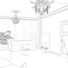 Sketch of the living room with sofa, frames and coffee table