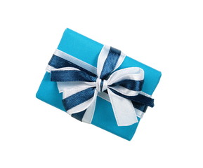 Wrapped blue gift box with ribbon bow