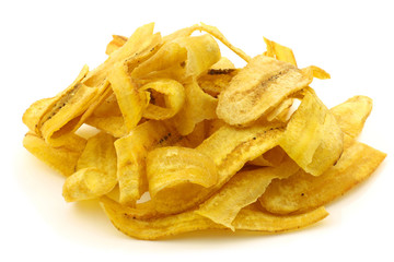 freshly baked banana chips on a white background
