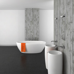 Fototapeta na wymiar modern bathroom with concrete wall and dark floor