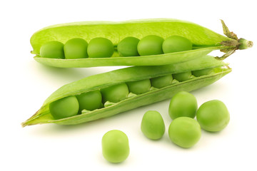 opened green pea pods with peas visible on a white background