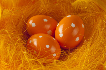Three orange Easter eggs in nest