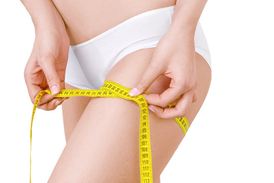 Slim woman in white underwear  and measure around her leg on