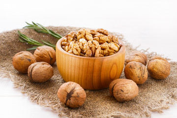 Hazelnuts, filbert on old wooden background