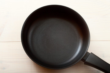 Empty frying pan on wooden background.