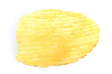 Single potato chip on white background close-up